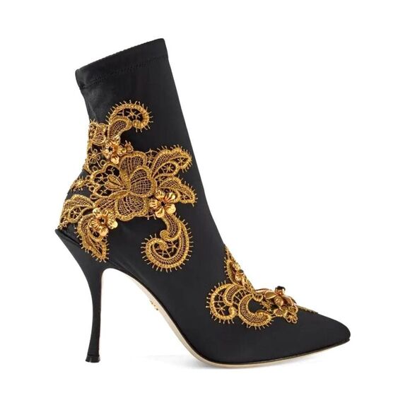 DOLCE & GABBANA Lori 100 Baroque Embroidery Lace Stretch Sock Boot Black Gold 36 - Picture 7 of 8